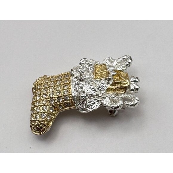 Gold Tone Christmas Stocking Brooch Rhinestone Pin ROMAN Festive Holiday - Picture 4 of 7